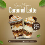 Two creamy caramel lattes topped with whipped cream and caramel drizzle, showcasing a 25% discount offer with worldwide service and contact details for Pepson Brilliant.