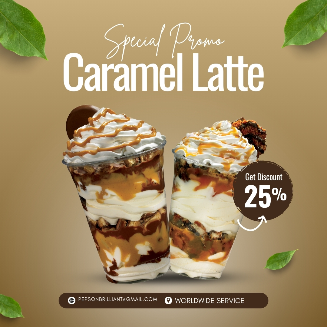 Two creamy caramel lattes topped with whipped cream and caramel drizzle, showcasing a 25% discount offer with worldwide service and contact details for Pepson Brilliant.