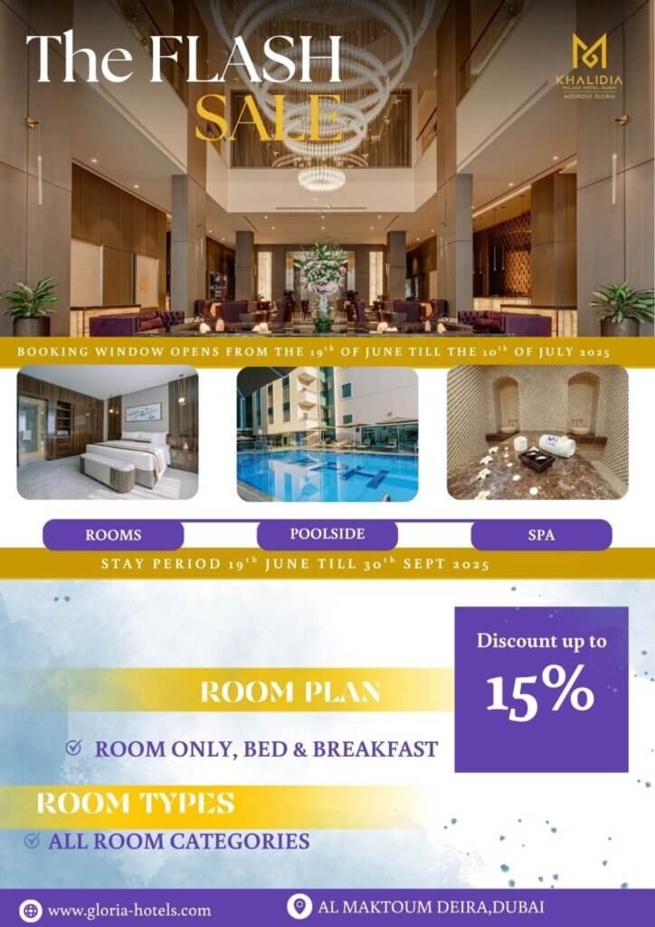 Elegant hotel flyer for Khalidia Palace Hotel Dubai showcasing a flash sale with 15% discount on rooms, poolside access, and spa services. Offer valid for bookings from June 19 to July 10, 2025, with stays until September 30, 2025.