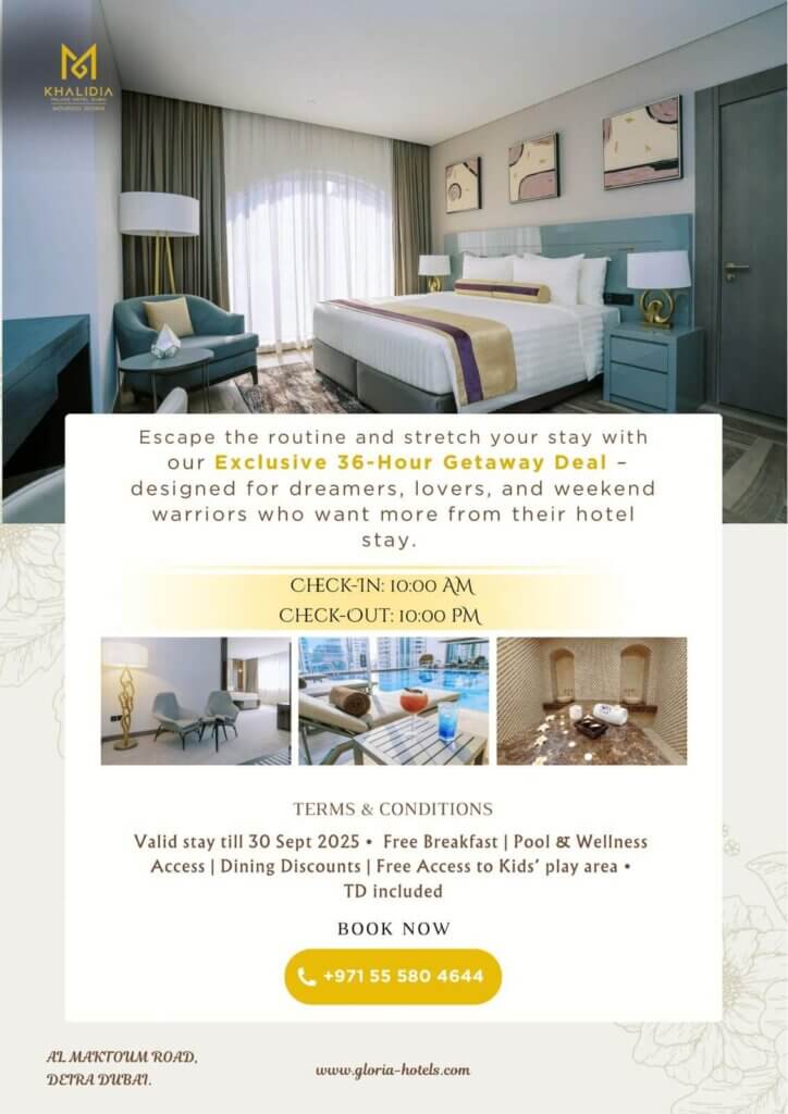 Luxury hotel room at Khalidia Palace Hotel Dubai promoting an exclusive 36-hour getaway deal with elegant interiors, free breakfast, pool access, and late checkout until 10 PM.