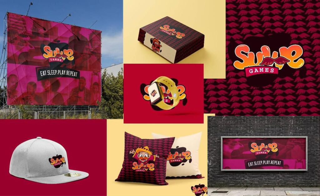Colorful brand identity mockups for Supe Games, including billboard, hat, packaging, pillows, and smartwatch design with the slogan 'Eat. Sleep. Play. Repeat.