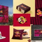 Colorful brand identity mockups for Supe Games, including billboard, hat, packaging, pillows, and smartwatch design with the slogan 'Eat. Sleep. Play. Repeat.