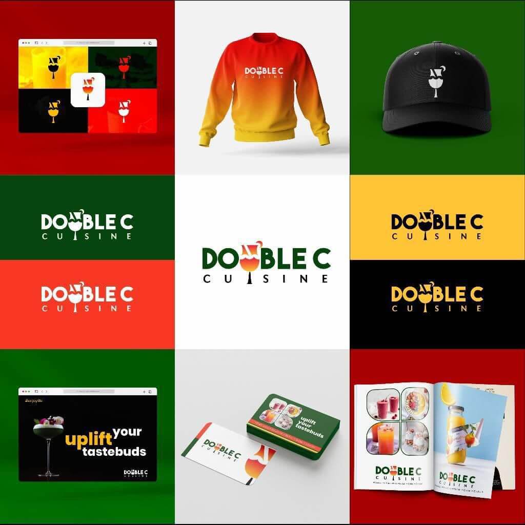 A vibrant brand identity mockup for Double C Cuisine featuring logo designs, color palettes, branded sweatshirt and cap, menu cards, packaging, and social media visuals in red, green, yellow, and white.