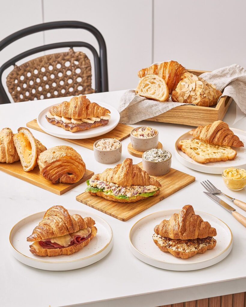 An assortment of freshly baked croissants and pastries served with spreads on a white table, showcasing buttery layers, fillings, and a cozy café setup.