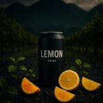A sleek black can labeled 'Lemon Drink' surrounded by fresh lemon slices and mint leaves, set against a dark, moody mountain background."
