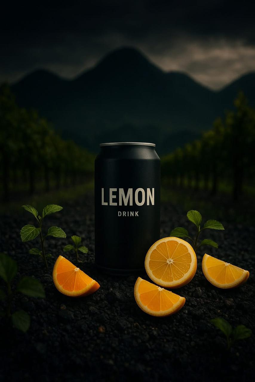 A sleek black can labeled 'Lemon Drink' surrounded by fresh lemon slices and mint leaves, set against a dark, moody mountain background."