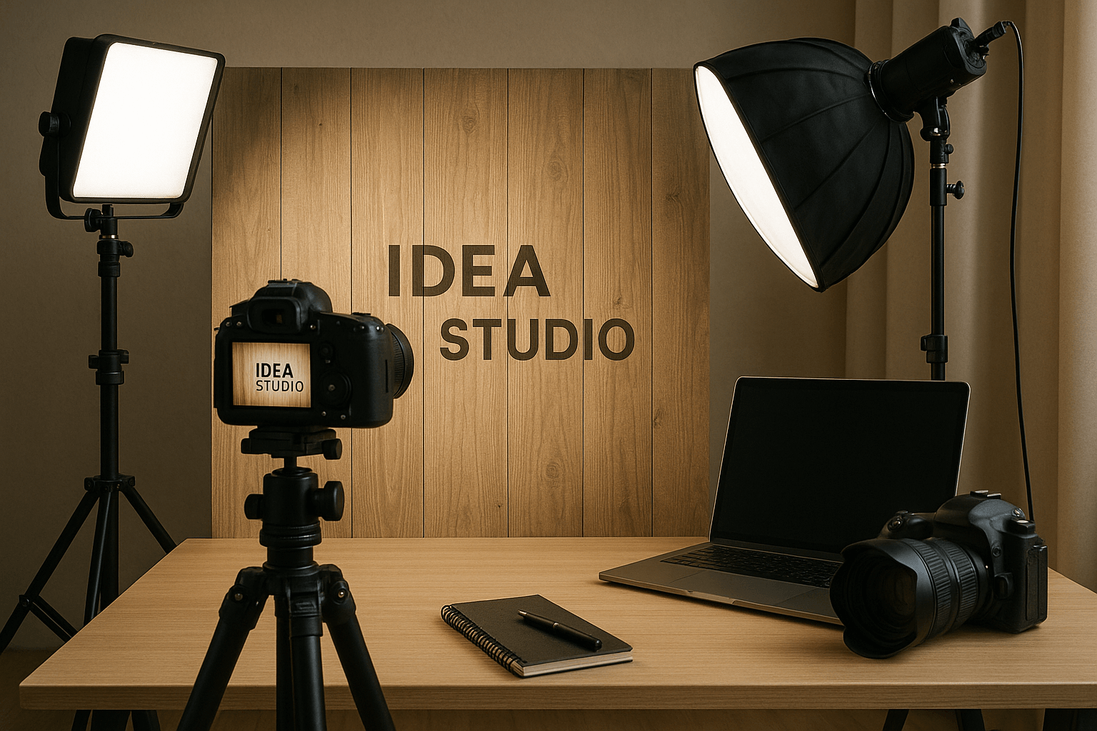 Create an ultra-realistic professional photo shoot with soft lighting. create Professional videography and brand photography studio setup for Idea Studio