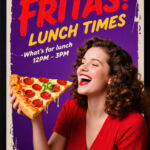 Happy woman in red dress holding a slice of pepperoni pizza with green chili toppings. The poster features bold “Eat FRITAS!” lunch promo text on a purple background with lunch time indicated as 12PM to 3PM.
