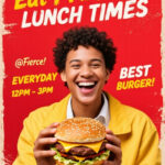 Smiling young person holding a large cheeseburger, promoting FRITAS lunch specials with a bold red background and yellow jacket outfit. Text highlights lunch hours from 12PM to 3PM and emphasizes “Best Burger!”