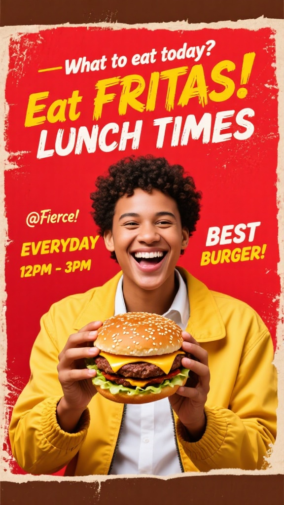 Smiling young person holding a large cheeseburger, promoting FRITAS lunch specials with a bold red background and yellow jacket outfit. Text highlights lunch hours from 12PM to 3PM and emphasizes “Best Burger!”