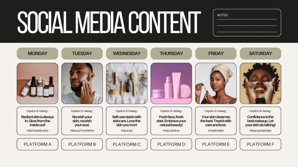 Black Bold Modern Minimalist Bold Social Media Content Calendar for a skincare brand