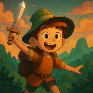 Cartoon-style young adventurer holding a sword and smiling with excitement, wearing a green hat and backpack in a colorful forest landscape at sunset