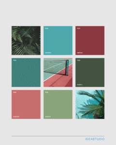 Color palette board featuring shades of teal, forest green, muted red, and sage green inspired by nature and minimal design aesthetics, created by IDEA STUDIO