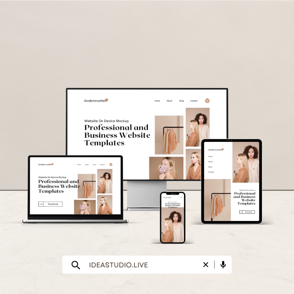 Creative portfolio showcase displaying a minimalist neutral website mockup across multiple devices, including a desktop monitor, laptop, tablet, and smartphone. The design features a clean beige background, modern typography, and a professional business template layout. The screen highlights a fashion-themed website with the text 'Professional and Business Website Templates' and the domain IDEASTUDIO.LIVE below.