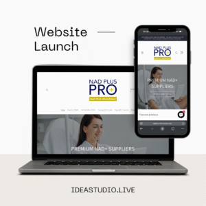 Creative portfolio showcase featuring the NAD Plus Pro website launch mockup displayed on a laptop and smartphone screen. The design presents a clean, modern layout with white space, navy blue and yellow brand colors, and a professional image of a smiling woman. The text reads 'Premium NAD+ Suppliers' with the website domain IDEASTUDIO.LIVE beneath the devices.