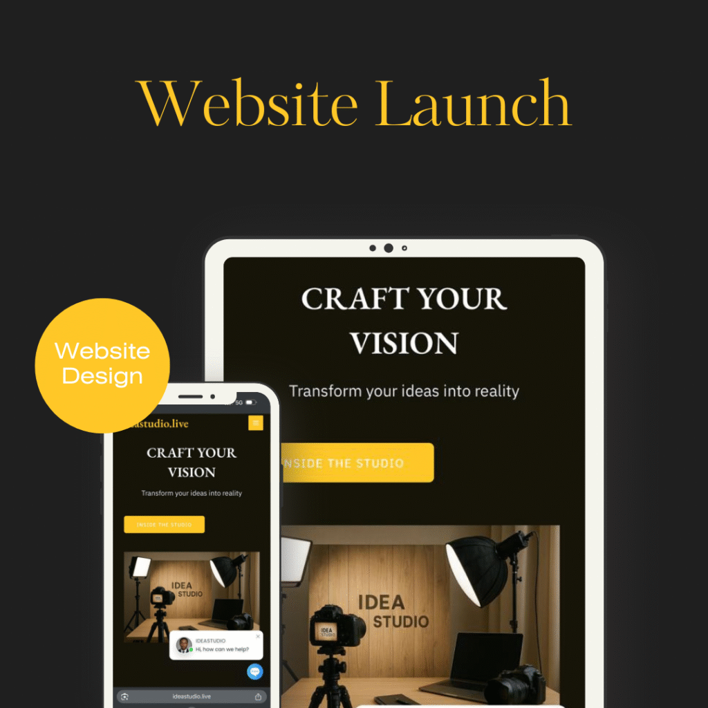 Creative website launch mockup showcasing the Idea Studio website on tablet and mobile screens. The design features a dark background with elegant gold typography reading 'Craft Your Vision — Transform your ideas into reality.' The interface highlights a photography and video production setup with lighting, camera, and laptop inside a studio environment, accompanied by a yellow accent button labeled 'Inside the Studio.