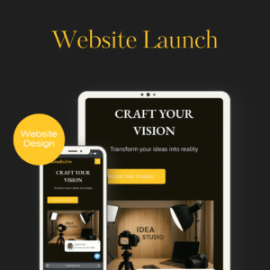 Creative website launch mockup showcasing the Idea Studio website on tablet and mobile screens. The design features a dark background with elegant gold typography reading 'Craft Your Vision — Transform your ideas into reality.' The interface highlights a photography and video production setup with lighting, camera, and laptop inside a studio environment, accompanied by a yellow accent button labeled 'Inside the Studio.