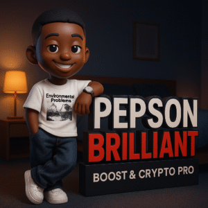 3D animated character representing Pepson Brilliant, wearing a white T-shirt with 'Environmental Problems' print, jeans, and sneakers, standing beside a 3D logo text that reads 'PEPSON BRILLIANT – BOOST & CRYPTO PRO' in a dimly lit modern room.