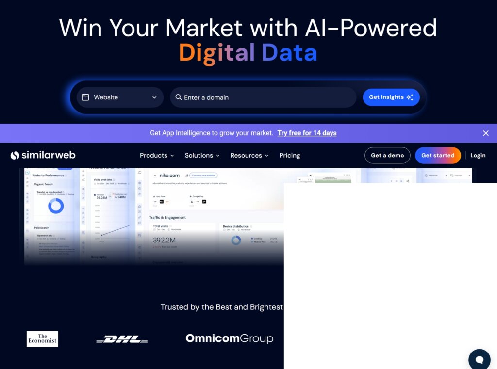 Screenshot of the Similarweb homepage featuring the headline 'Win Your Market with AI-Powered Digital Data.' The interface includes a search bar to analyze website domains and options for products, solutions, and pricing. A promotional banner offers a 14-day free trial, and logos from brands like The Economist, DHL, and OmnicomGroup appear below, emphasizing client trust and credibilit