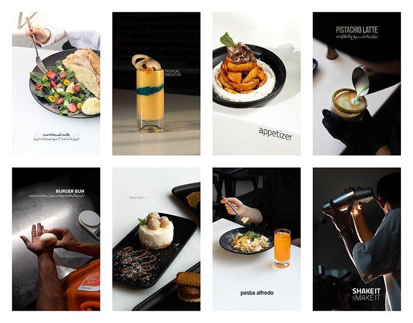 Collage of gourmet food and drinks including fresh salad, tropical smoothie, appetizer with fries, pistachio latte, burger bun, dessert plate, pasta alfredo, and bartender shaking cocktail.