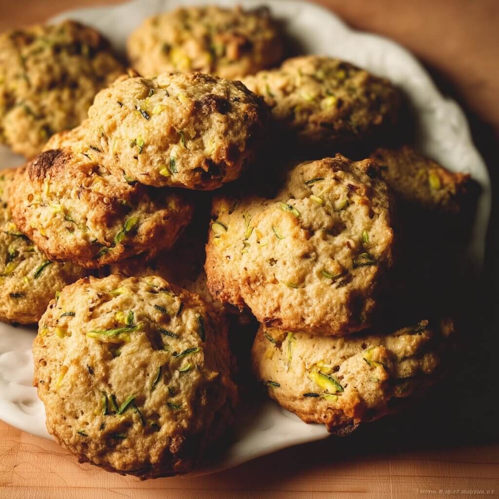 Creative portfolio showcase showing freshly baked cookies with zucchini and herbs stacked on a white plate, photographed in warm lighting to enhance texture and homemade charm.