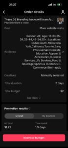 A social media ads highlighting TikTok ad campaign results for a video titled ‘These 05 Branding Hacks Will Transform Your Business.’ The screenshots display ad performance data showing an ad cost of $1.21 over 1.5 days, generating 19 contact clicks, 2 landing page views, and 1,670 video views. Metrics include a $0.60 cost per landing page view, average watch time of 2.26 seconds, and engagement with 8 profile views and 4 likes. The total budget for the promotion is $2 with a goal of website visits targeting global audience