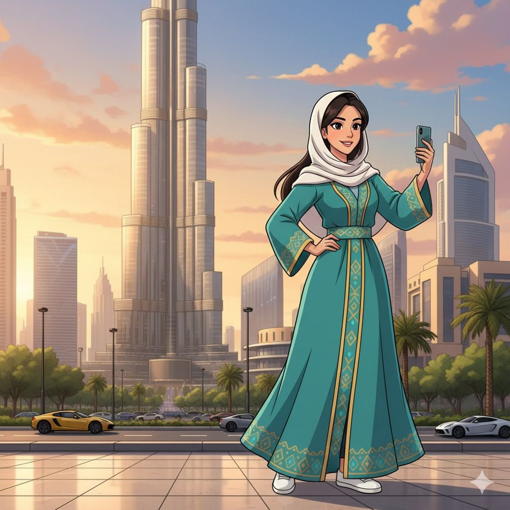 3D animated woman in a turquoise abaya and white headscarf taking a selfie in front of the Burj Khalifa, with Dubai’s modern skyline and luxury cars in the background at sunset