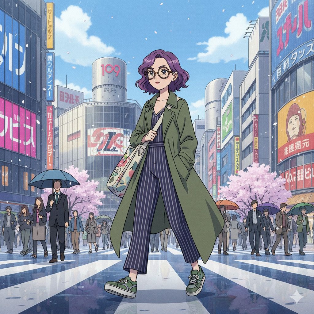 Anime-style female character with purple hair and glasses walking confidently through Shibuya Crossing in Tokyo, wearing a green coat and striped jumpsuit with cherry blossoms and billboards in the background