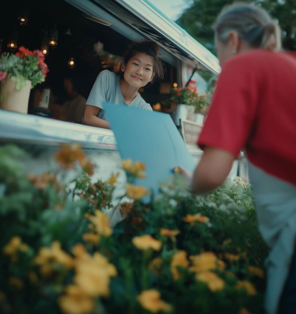 A smiling barista leaning out of a cozy coffee truck window, surrounded by colorful flowers, chatting warmly with a customer holding a blue menu outdoors."