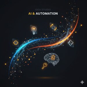 "A modern abstract visualization featuring interconnected nodes, a glowing brain network, and technology icons symbolizing innovation, automation, and artificial intelligence. The composition includes curved digital lines and the text 'IDEA STUDIO — AI & AUTOMATION' at the top center."
Would you like me to also write SEO meta descriptions and focus keywords for these two images (to help you rank them on your IdeaStudio.live website or portfolio)?