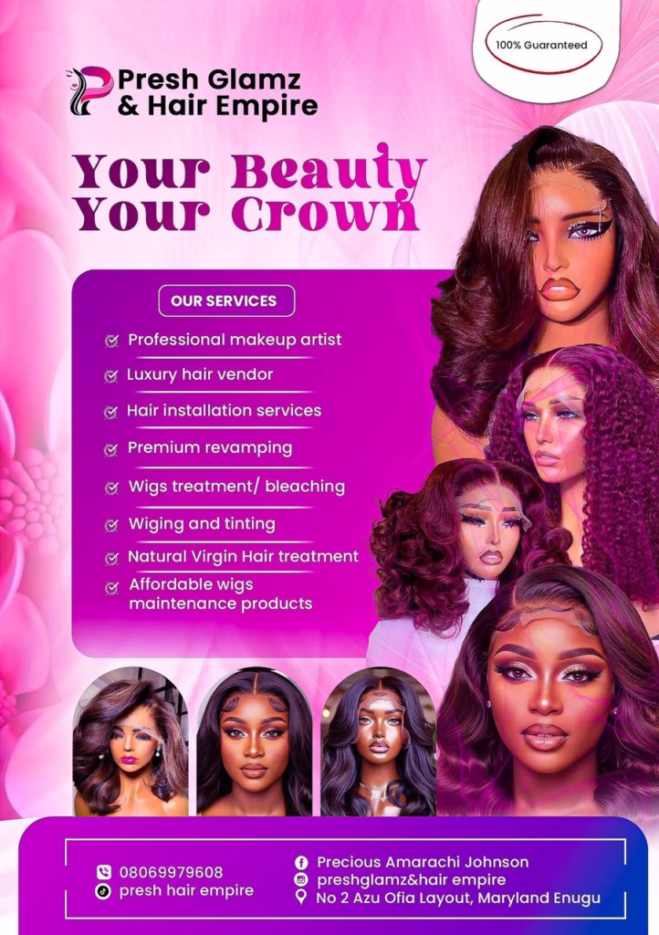 Bold pink promotional flyer listing services for makeup, hair installation, revamping, and wig care featuring illustrated female models. Description: A vibrant pink marketing poster for Presh Glamz & Hair Empire outlining premium beauty services with contact details, icons, and attractive models. Ideal for hairstylists, MUAs, or salon social media promotions.
