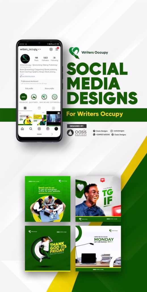 Mobile mockup and 4 social post templates in green and white for a copywriting brand promoting writing, ghostwriting, and business content. Description: A clean and impactful branding design for a writing agency with multiple post samples, mobile interface preview, and green theme branding. Includes Instagram handles, post ideas, and content hooks for writers and marketers.