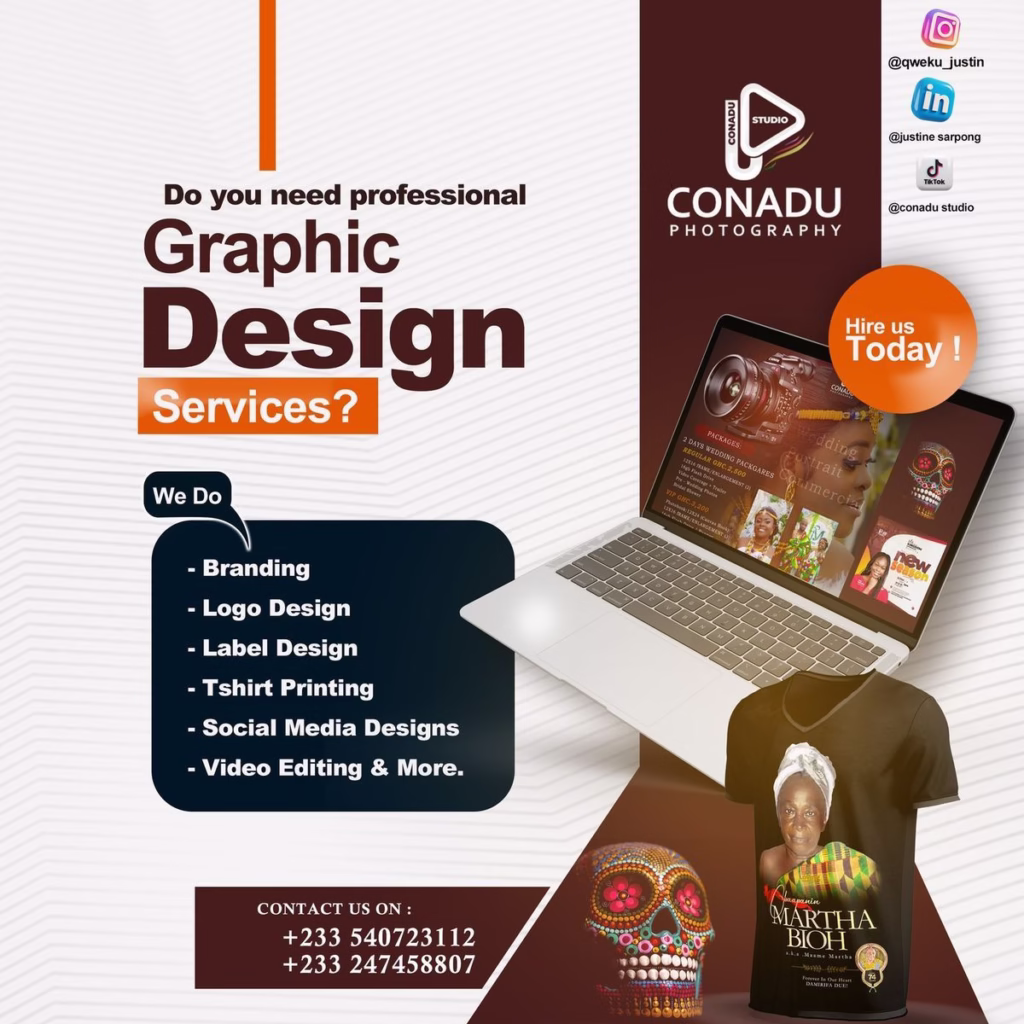 Flyer design offering graphic design services including branding, logos, and social media content with visuals of a laptop and a t-shirt mockup. Description: Promotional flyer for a design agency showcasing various creative services like logo design, t-shirt printing, and social media graphics. It includes modern layouts and clear contact info for instant leads.