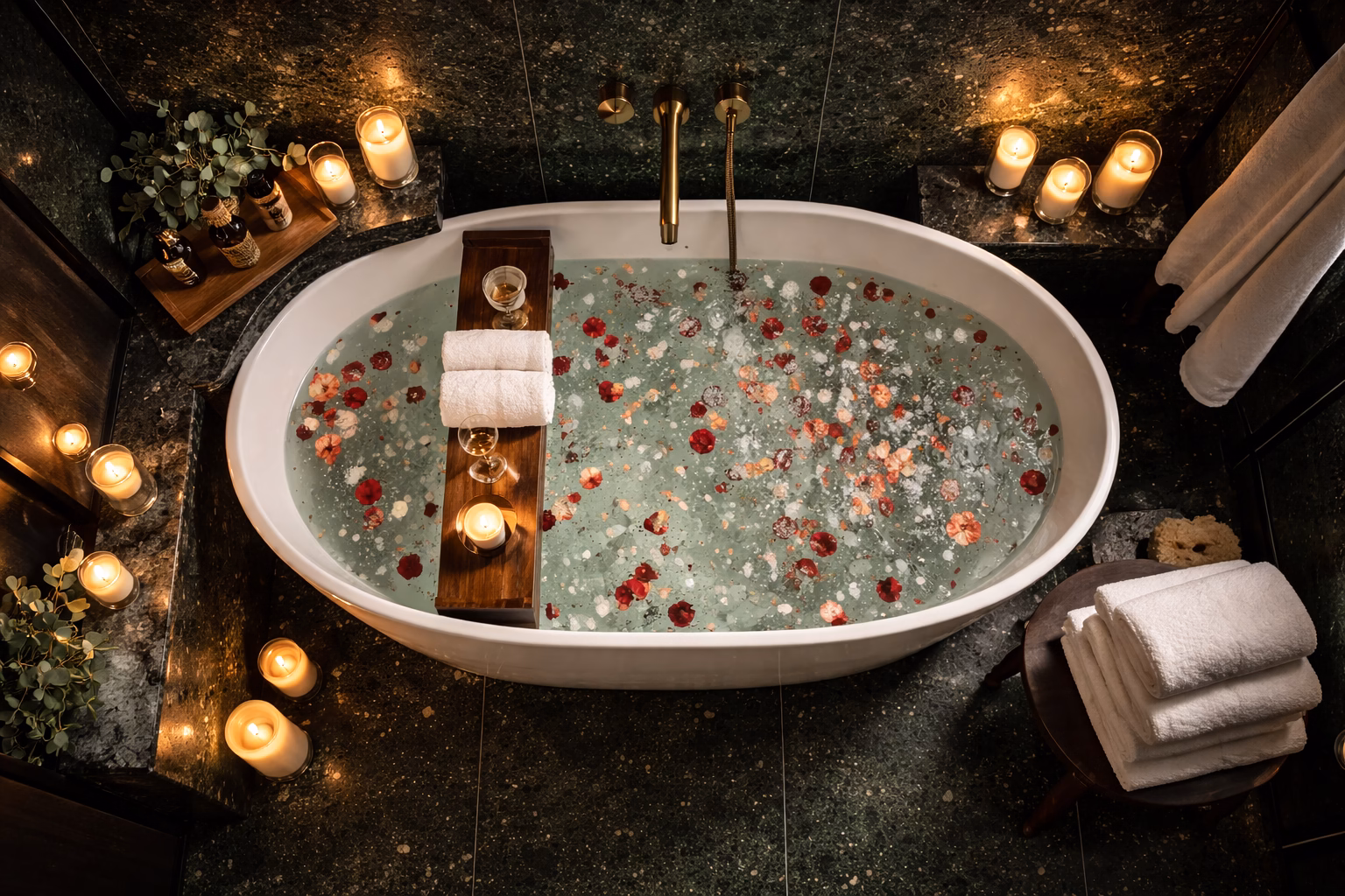 High-end en-suite bathroom with freestanding bathtub and rain shower in a Dubai luxury apartment