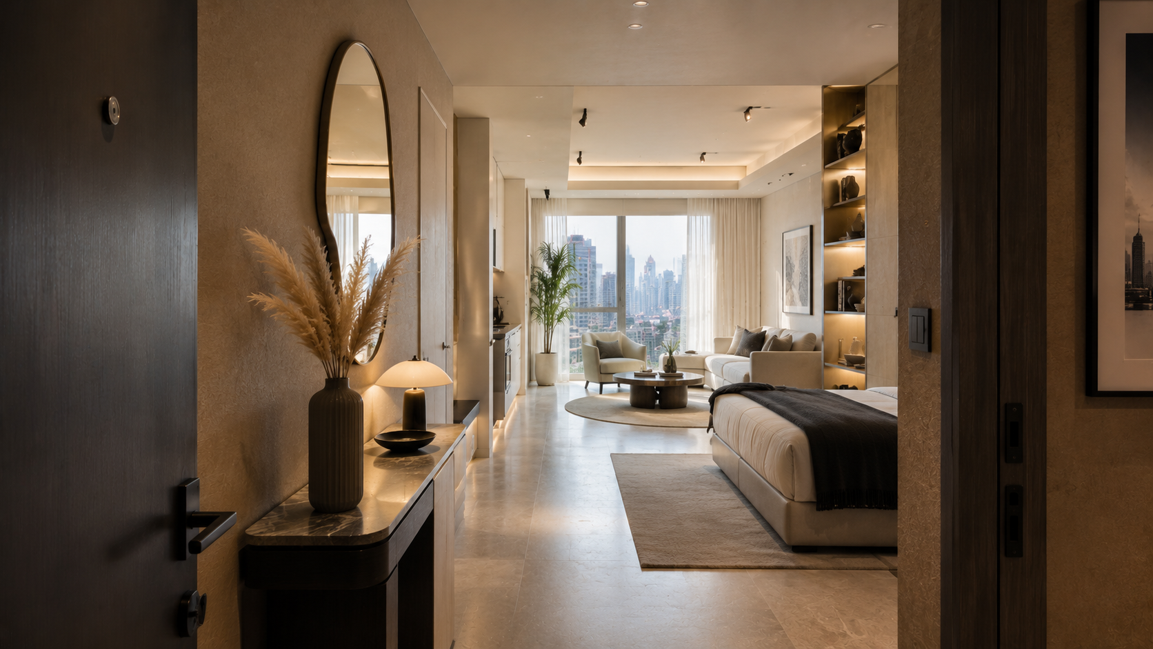 Elegantly staged master bedroom with panoramic city views in a luxury Downtown Dubai penthouse