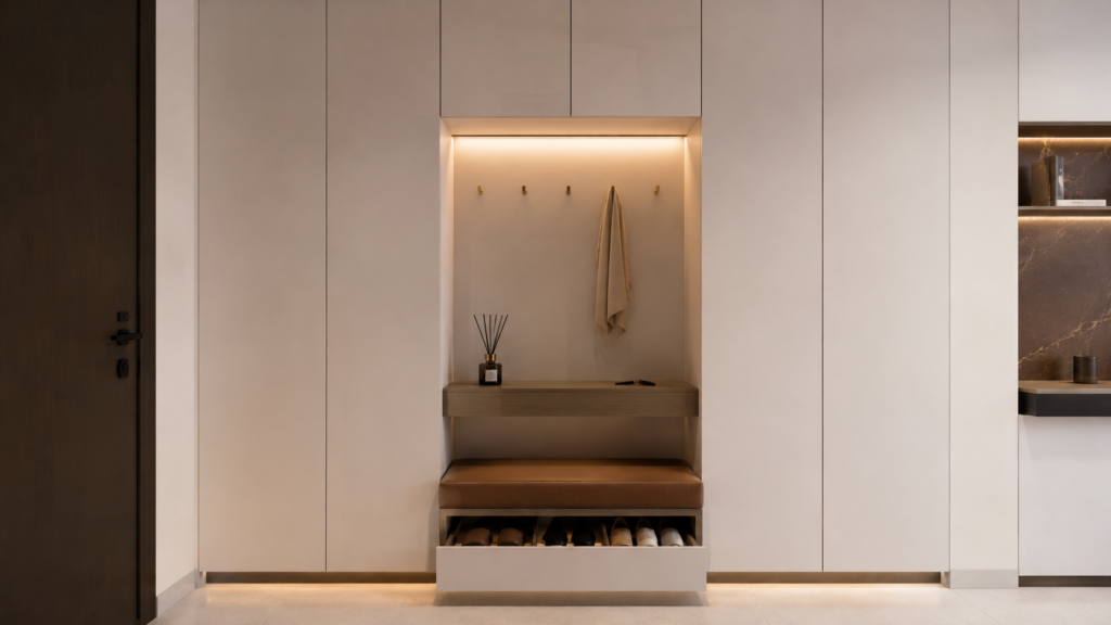 Luxury Dubai apartment entrance hallway with floor-to-ceiling white joinery, leather bench, brass hooks and integrated LED lighting niche
